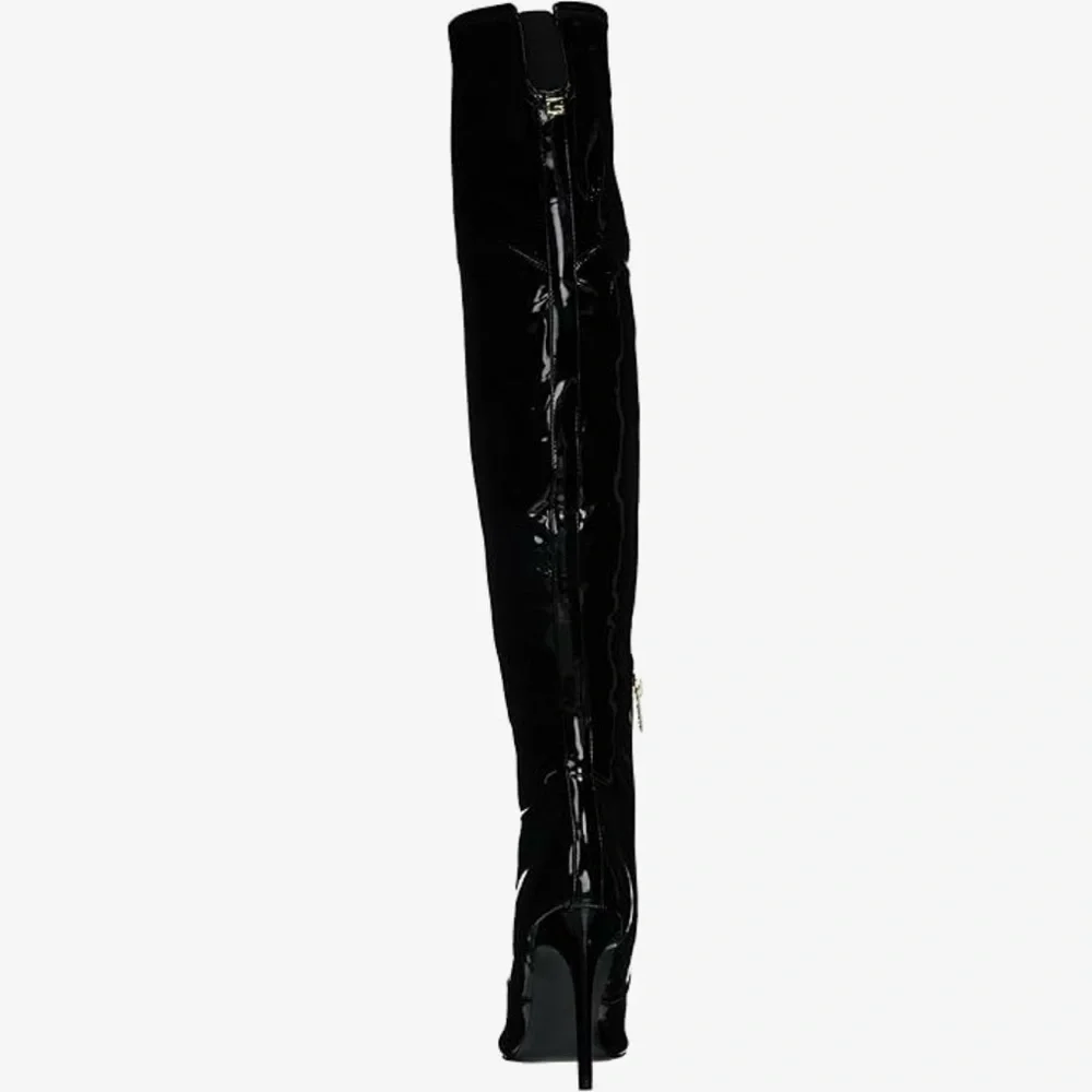 NWOB Guess Bowey Black Patent Stretch Over the Knee Stiletto Boots